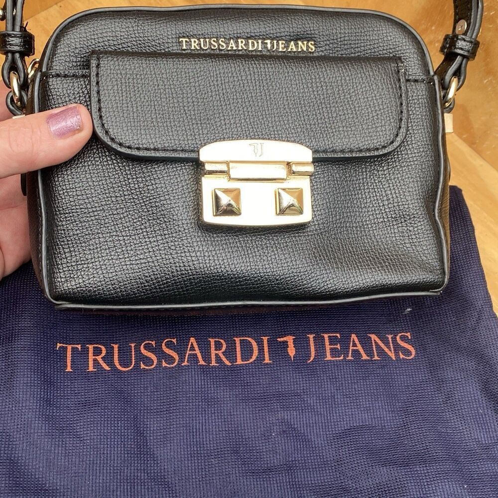 Trussardi Jeans Black Vegan Leather Small Crossbody Bag With Dust Bag